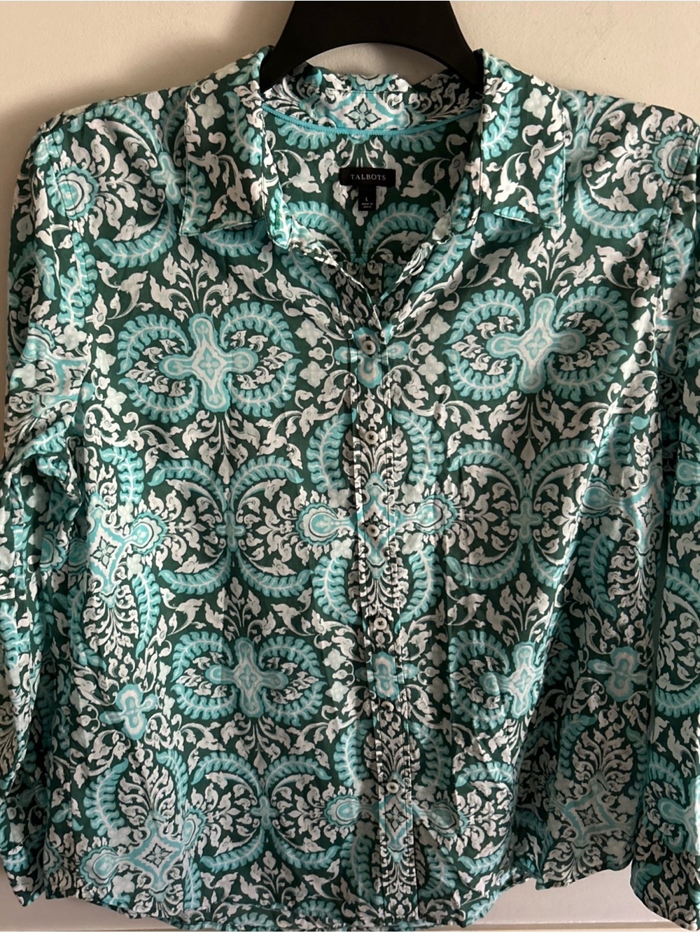 Talbots Teal and White Printed Button-Front Blouse